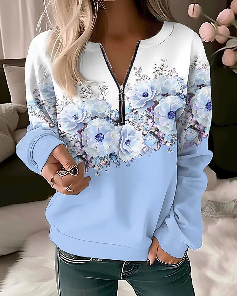 Damska bluza z kapturem oversize w kwiaty na zamek Szary