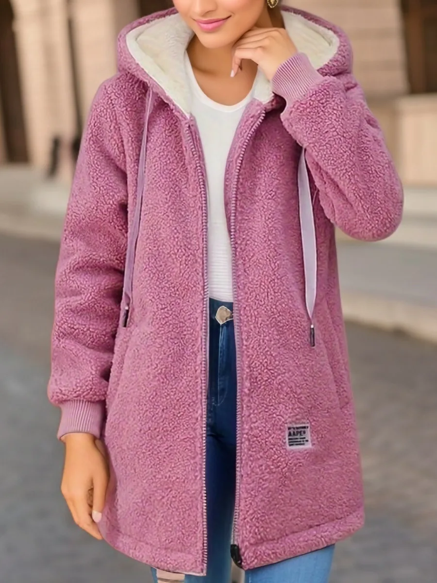 Bluza z kapturem zimowa damska z polarem gruba kardigan Różowy
