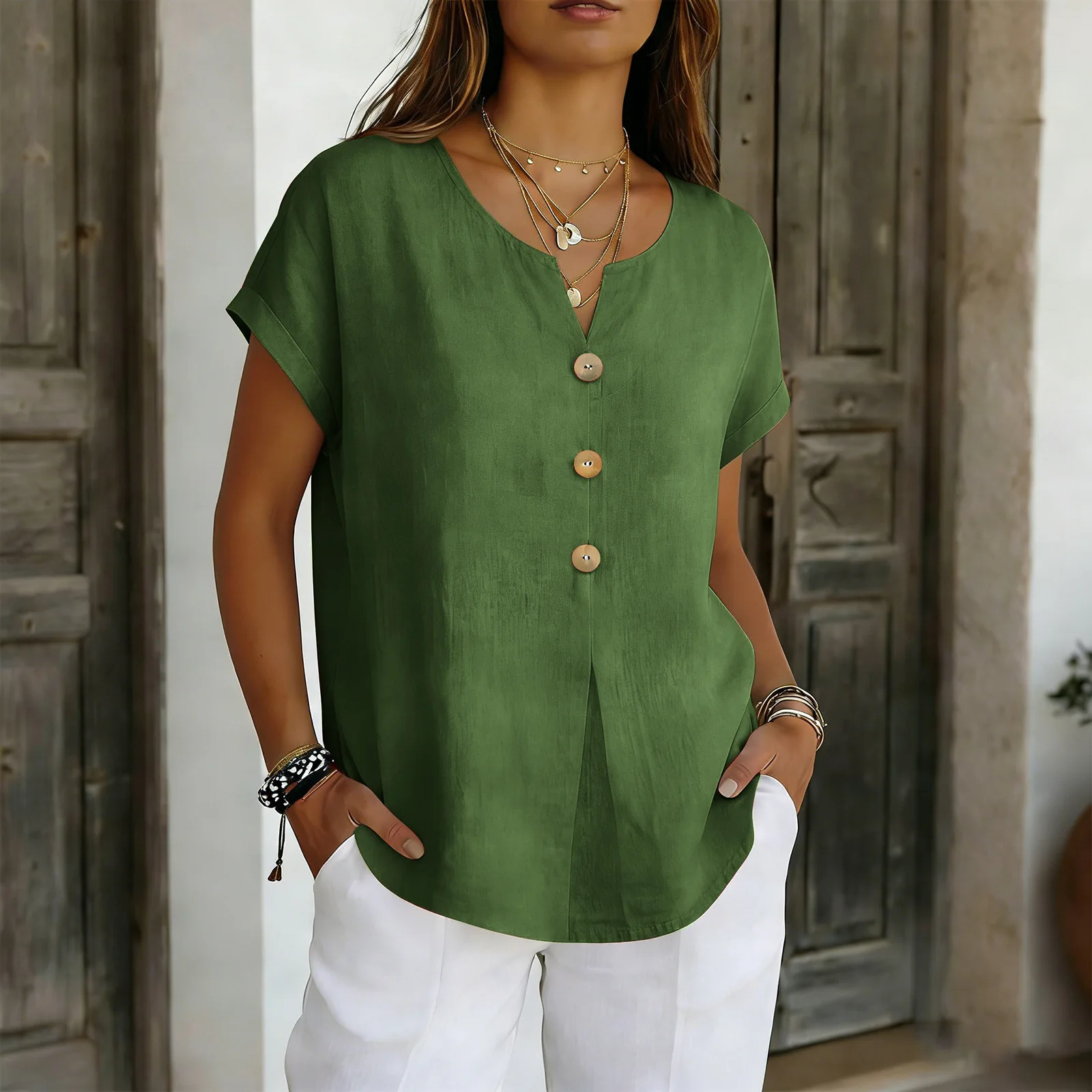 Bluzka bawełniano-lniana z guzikami luźna plus size Khaki