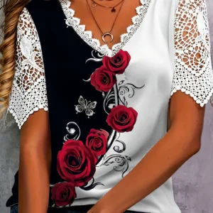 Bluzka boho w kwiaty z dekoltem V i koronką Style2