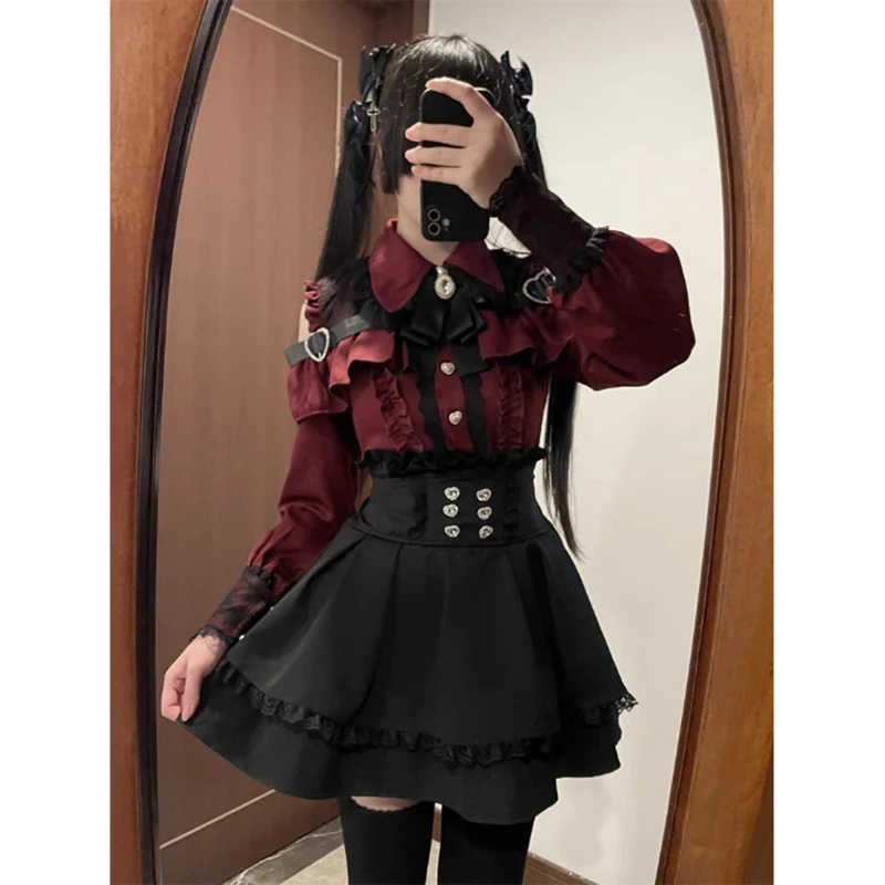 Bluzka Jirai Kei z koszulą JK - słodki styl Lolita Y2K Khaki