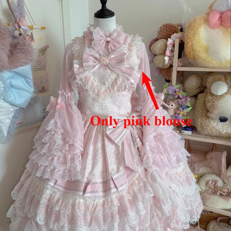 Bluzka Lolita z kokardą i koronkowymi wstawkami Różowy