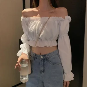 Bluzka damska off-shoulder z długim rękawem — seksowna i elegancka Biały