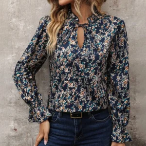 Bluzka plus size w kwiecisty wzór z długim rękawem Granatowy
