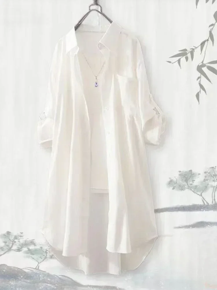Bluzka plus size tunika midi z długim rękawem na jesień Perłowy kolor