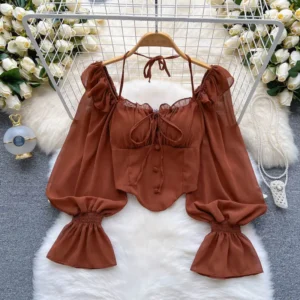 Bluzka damska z rękawem latarnia w stylu vintage Jasny brąz