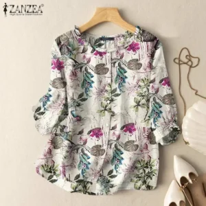 Bluzka w kwiatowy wzór ZANZEA z rękawami 3/4 elegancka Pomarańczowa czerwona