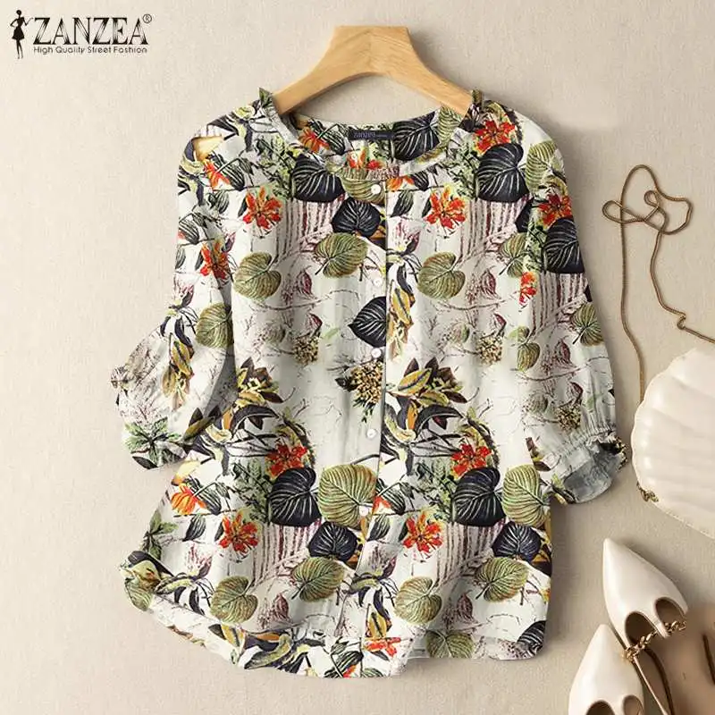 Bluzka w kwiatowy wzór ZANZEA z rękawami 3/4 elegancka żółty