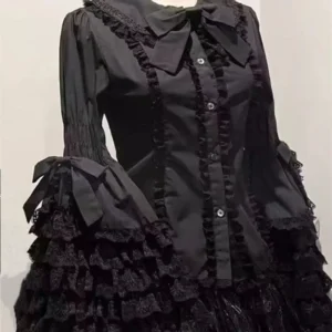 Bluzka damska z falbankami, koronką i kokardą w stylu lolita Beżowy