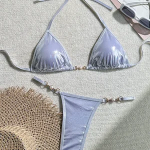 Błyszczące bikini z PU z perłami push-up — seksowny strój kąpielowy Biały
