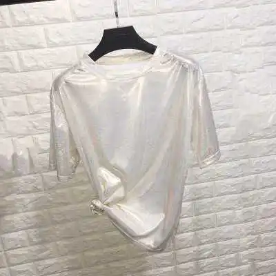 Błyszczący luźny top z krótkim rękawem w stylu retro Beżowy