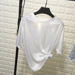 Błyszczący luźny top z krótkim rękawem w stylu retro Biały