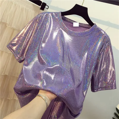 Błyszczący luźny top z krótkim rękawem w stylu retro Fioletowy