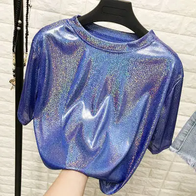 Błyszczący luźny top z krótkim rękawem w stylu retro Niebieski