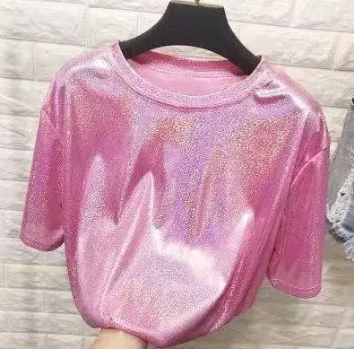 Błyszczący luźny top z krótkim rękawem w stylu retro Różowy