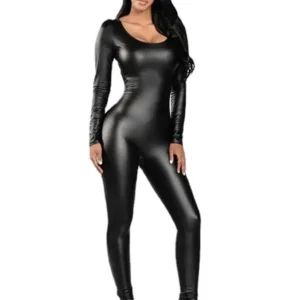 Body catsuit ze skóry ekologicznej z długim rękawem Czarny