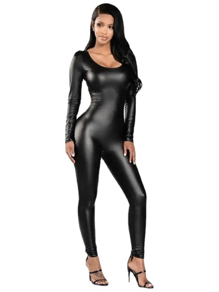 Body catsuit ze skóry ekologicznej z długim rękawem Czarny