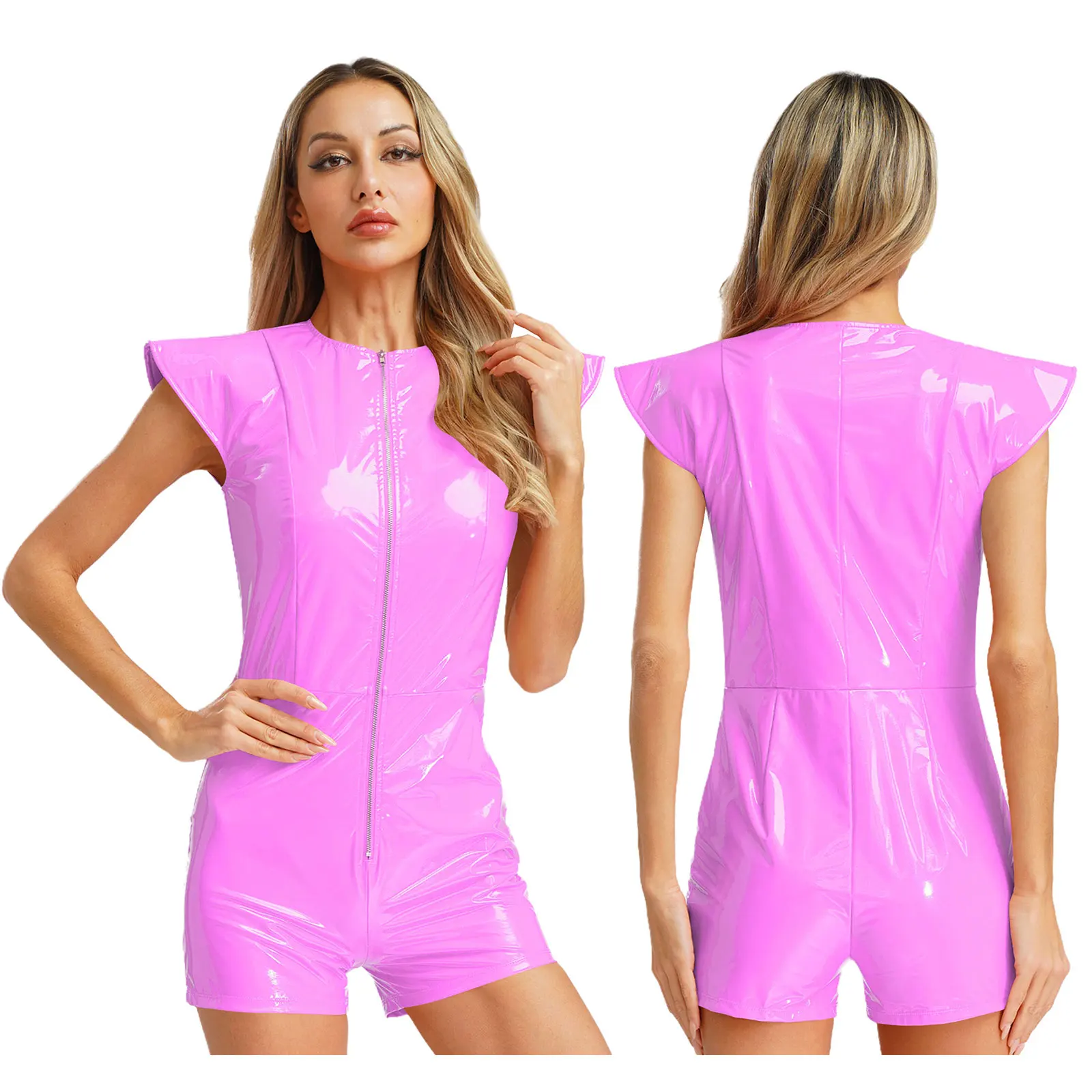 Body z ekoskóry z zamkiem — seksowny catsuit na imprezę i klub nocny Czarny