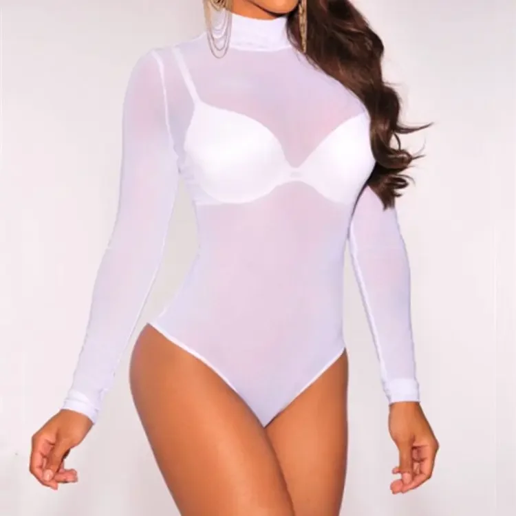 Body z siateczki z długim rękawem i stójką – styl vintage Biały