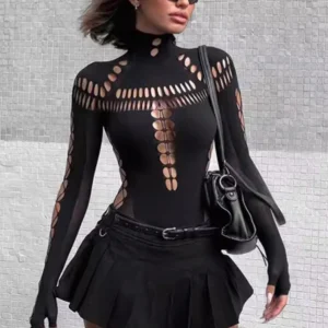 Body Y2K z wycięciem i siateczkowymi rękawami – styl clubwear Czarny