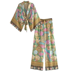 Boho komplet damski w pawi wzór: kimono i szerokie spodnie Zielony