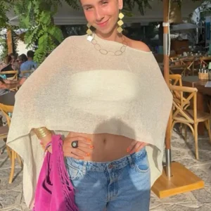 Boho marszczona koszulka plażowa – krótki top dzianinowy Beżowy