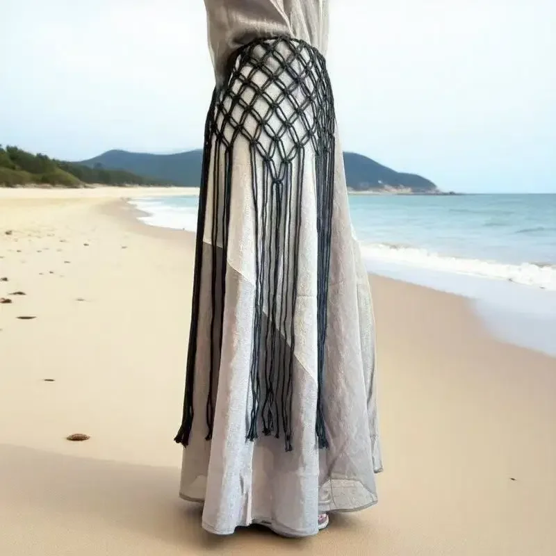 Boho spódnica plażowa siatka z frędzlami ręcznie tkana do sukienki Biały