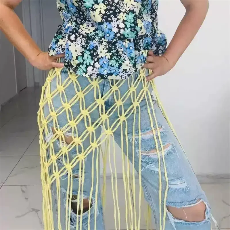 Boho spódnica plażowa siatka z frędzlami ręcznie tkana do sukienki Szary