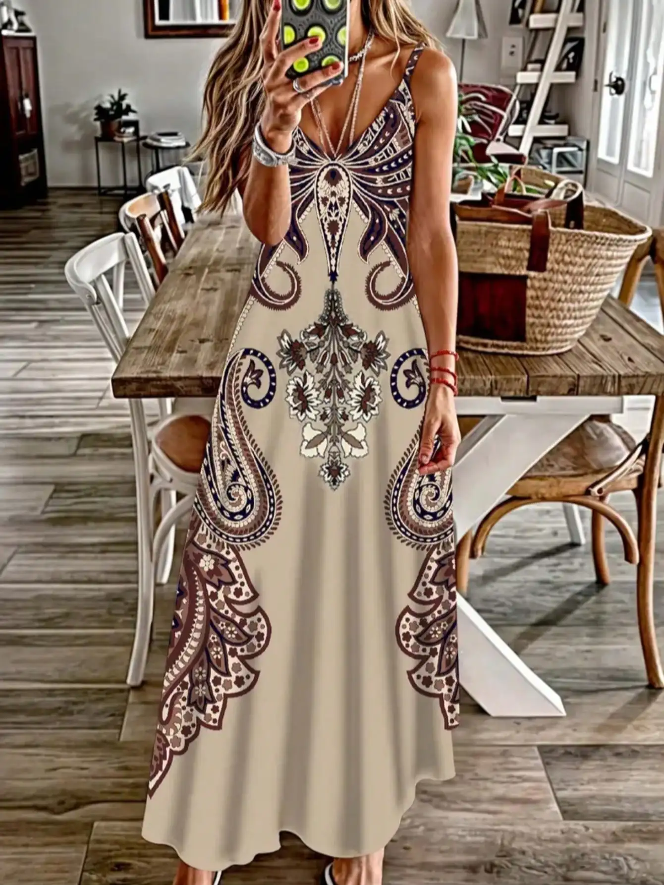 Boho sukienka maxi z kwiatowym nadrukiem dekolt V wakacyjna Khaki
