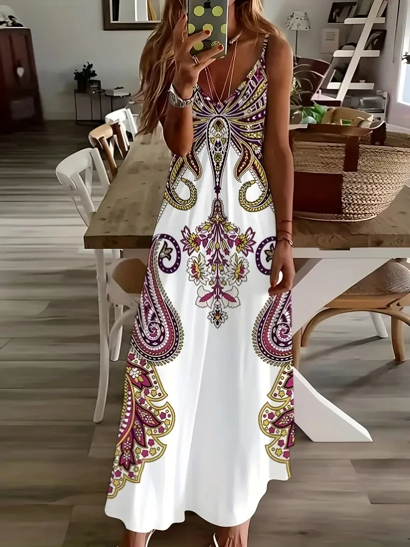 Boho sukienka maxi z kwiatowym nadrukiem dekolt V wakacyjna Róża czerwona