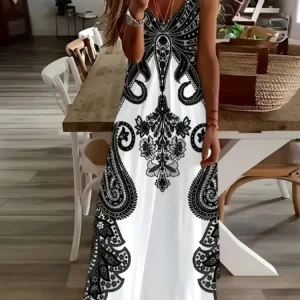 Boho sukienka maxi z kwiatowym nadrukiem dekolt V wakacyjna Szary