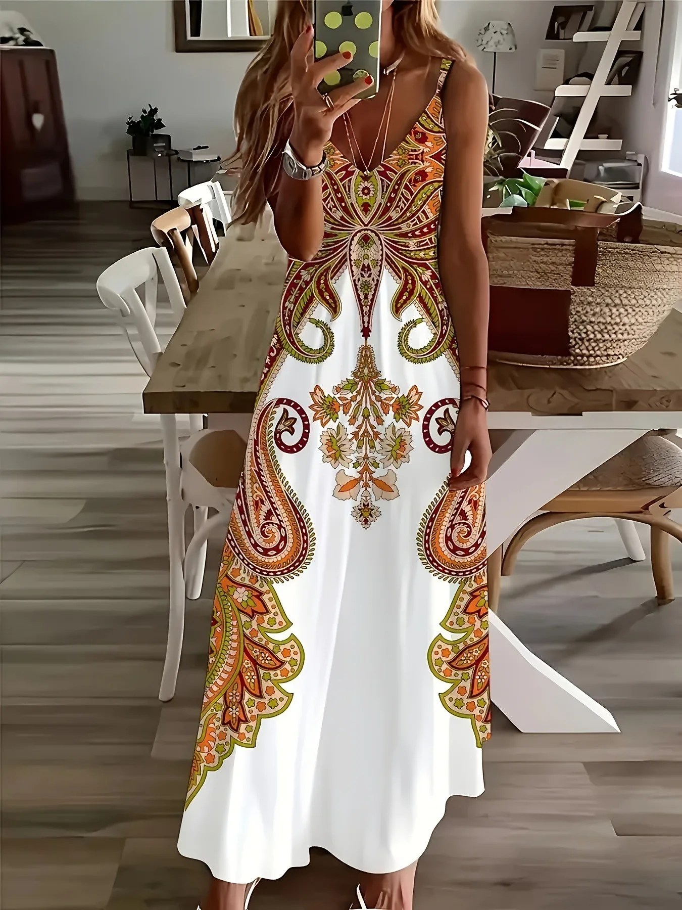 Boho sukienka maxi z kwiatowym nadrukiem dekolt V wakacyjna żółty