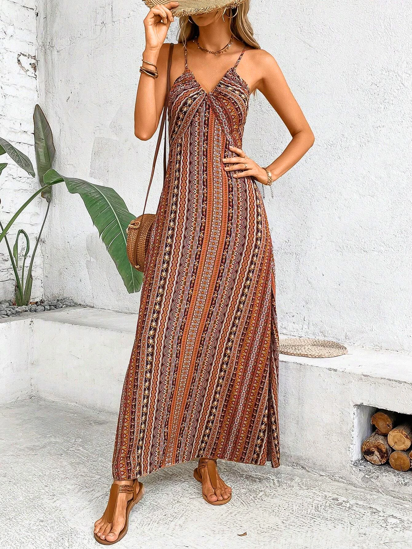 Boho sukienka maxi z odkrytymi plecami i etnicznymi wzorami żółty