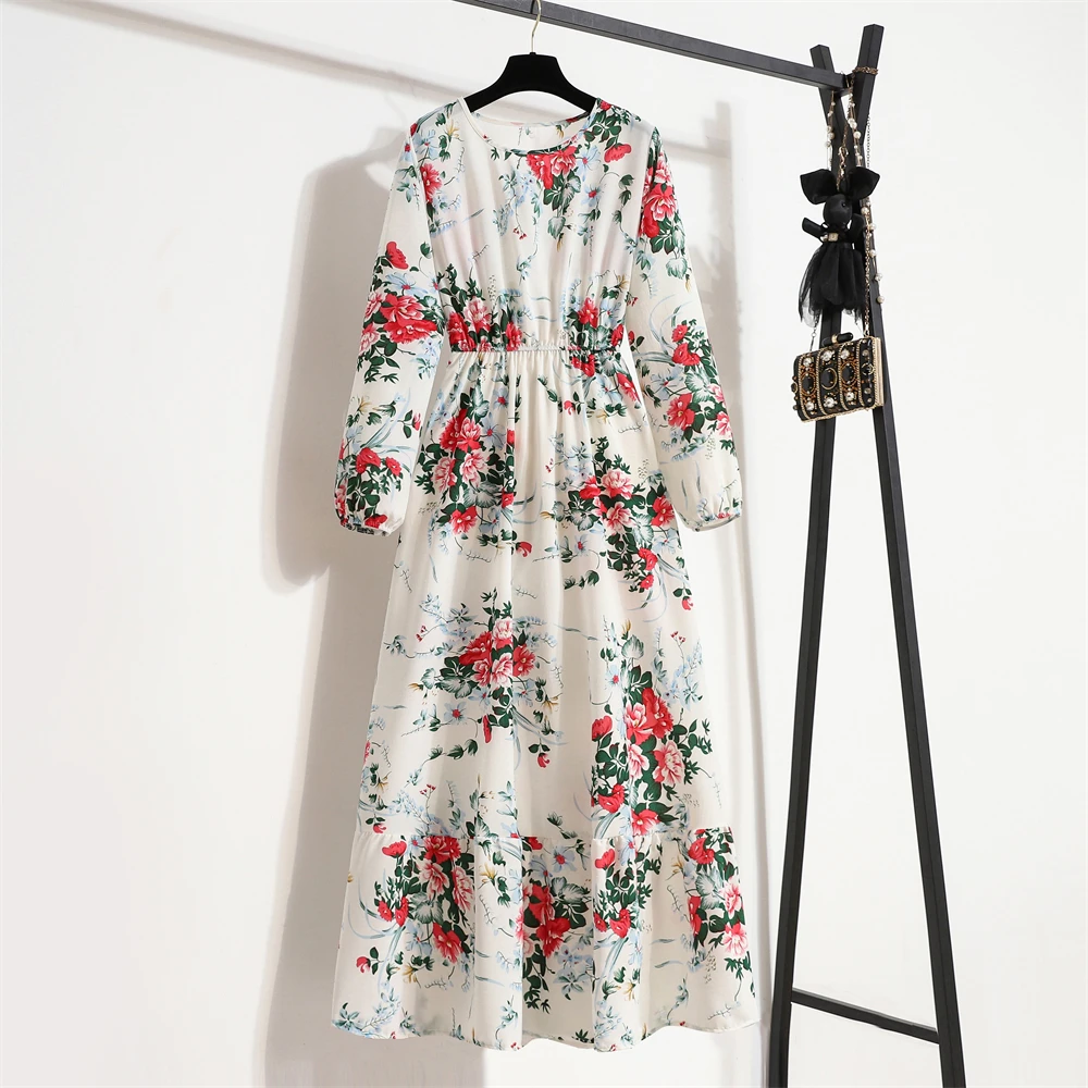 Boho sukienka maxi w kwiaty z długim rękawem na plażę Czerwony