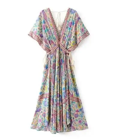 Boho sukienka maxi z nadrukiem w pawie pióra i frędzlami Beżowy