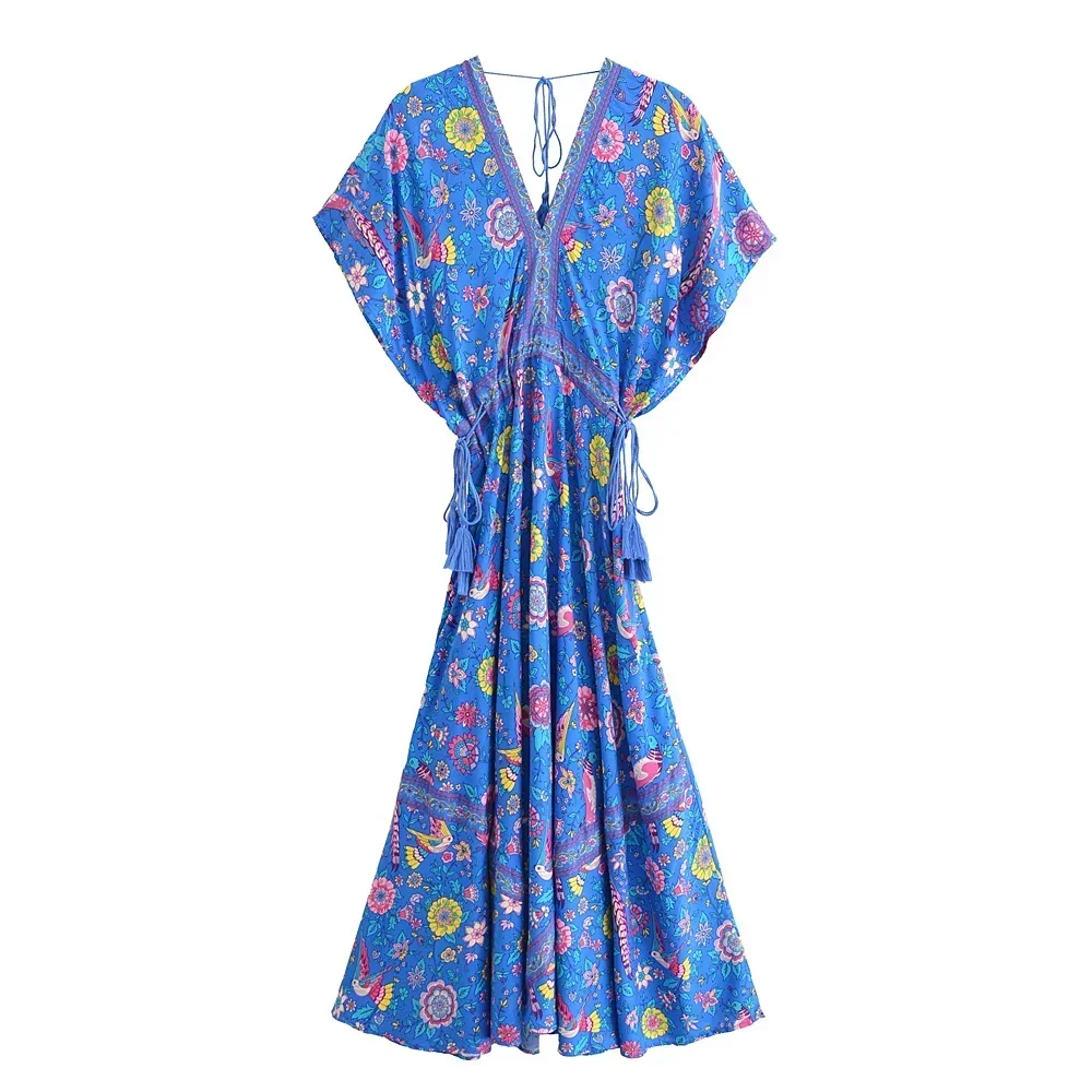 Boho sukienka maxi z nadrukiem w pawie pióra i frędzlami Niebieski