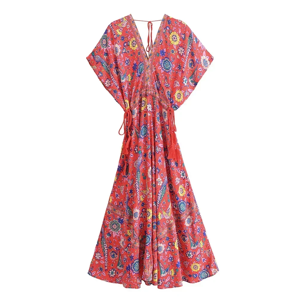 Boho sukienka maxi z nadrukiem w pawie pióra i frędzlami Czerwony