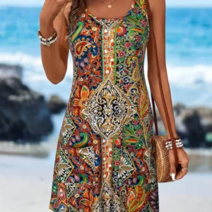Boho sukienka mini z wzorem paisley i kieszeniami Wielo