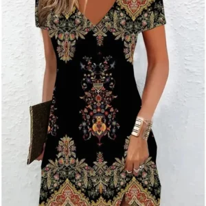 Boho sukienka plażowa w kwiaty plus size z dekoltem V Beżowy