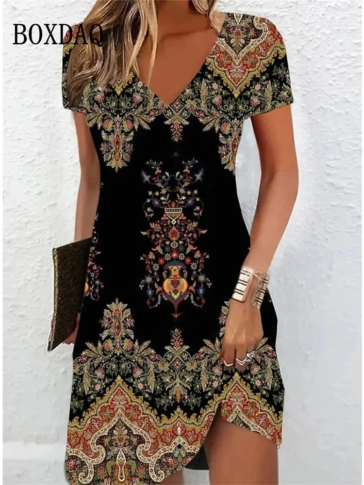 Boho sukienka plażowa w kwiaty plus size z dekoltem V Beżowy