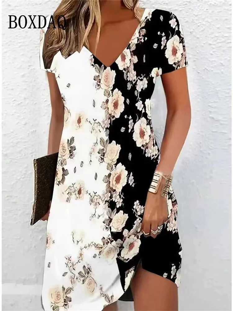 Boho sukienka plażowa w kwiaty plus size z dekoltem V Czarny