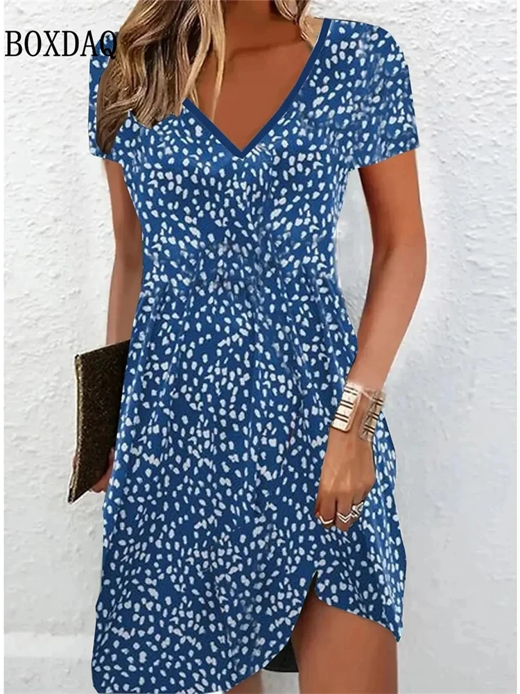 Boho sukienka plażowa w kwiaty plus size z dekoltem V Niebieski