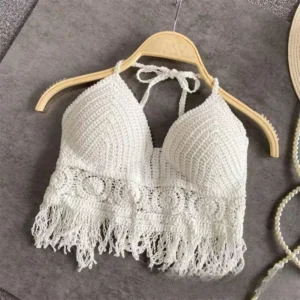 Boho top z frędzlami i haftem wiązany na szyi Beżowy