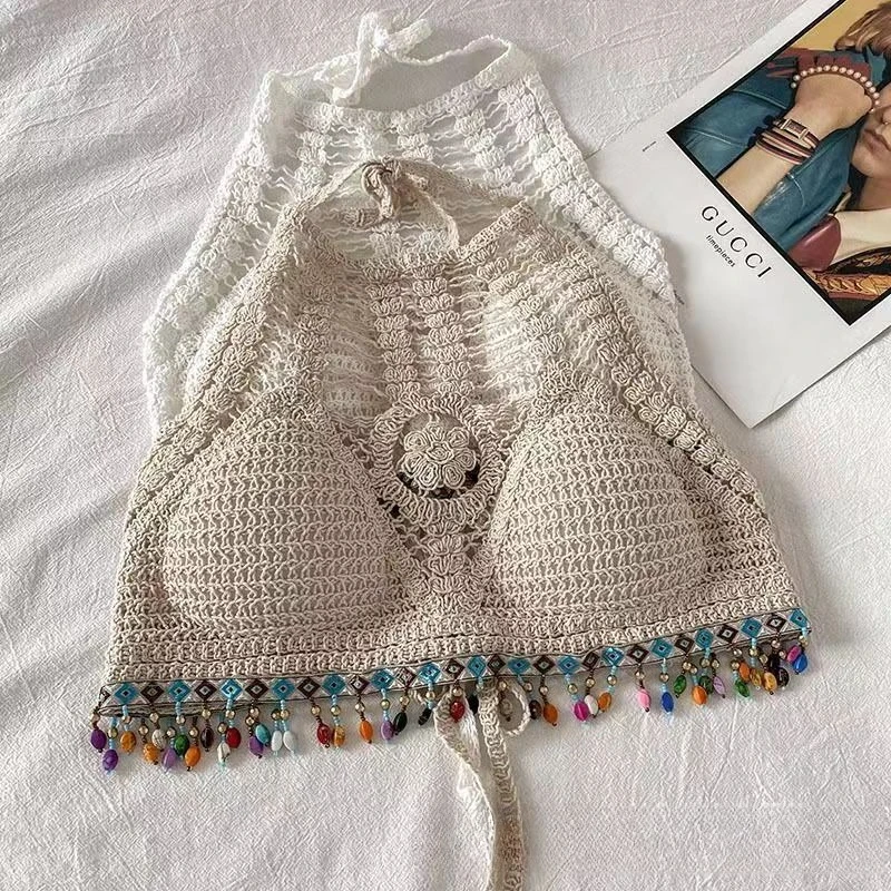 Boho top z frędzlami i haftem wiązany na szyi Ciemnoszary