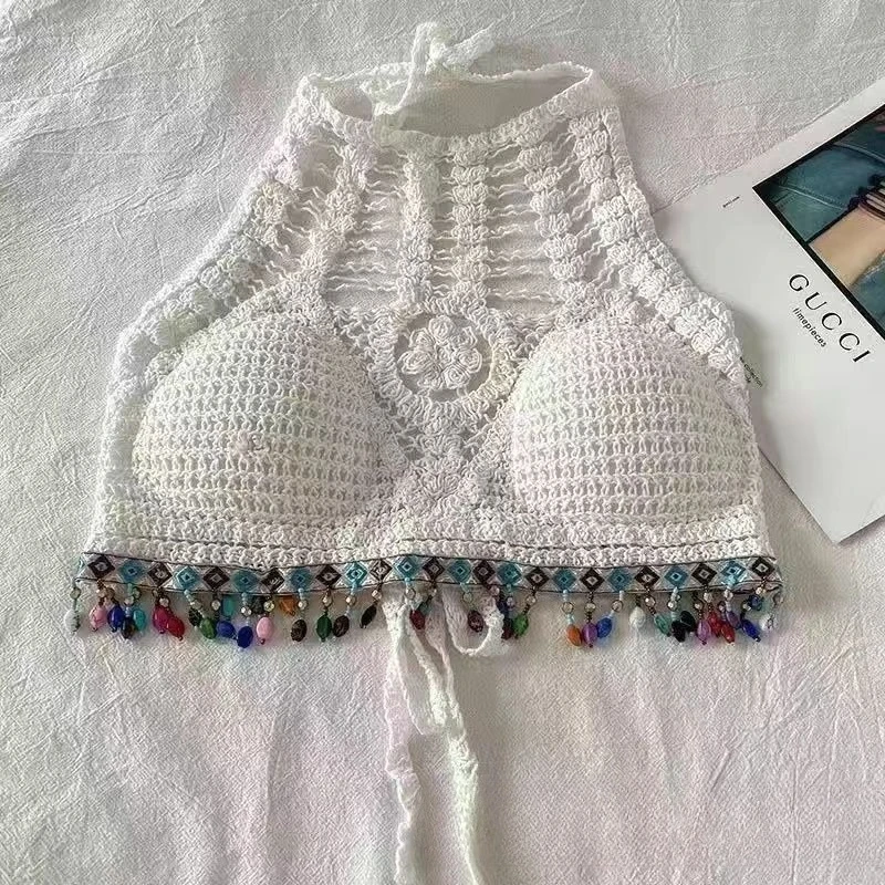 Boho top z frędzlami i haftem wiązany na szyi Szary