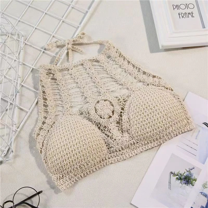 Boho top z frędzlami i haftem wiązany na szyi Złoto