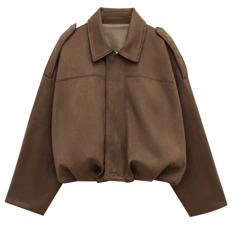 Bomberka zamszowa damska krótka z klapami streetwear Khaki