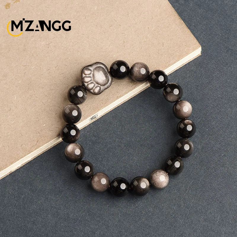 Bransoletka z obsydianu z figurką PiXiu — amulet na szczęście Beżowy