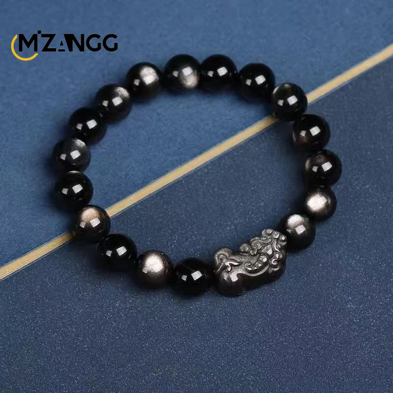 Bransoletka z obsydianu z figurką PiXiu — amulet na szczęście Różowe złoto