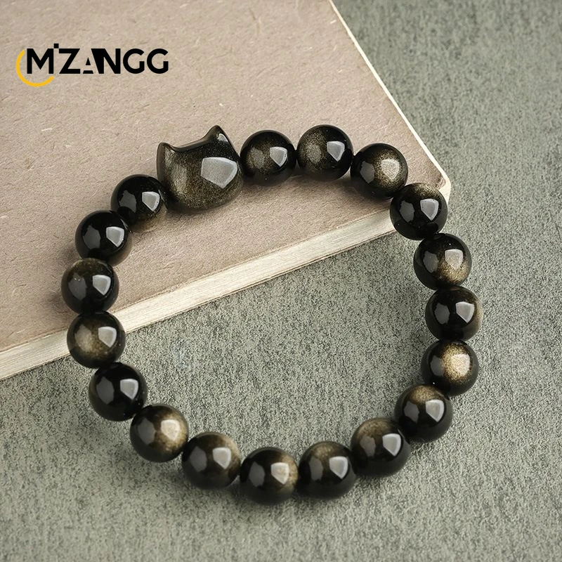 Bransoletka z obsydianu z figurką PiXiu — amulet na szczęście Różowy